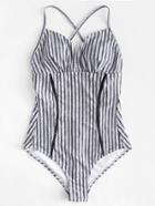 Romwe Lace Insert Cutout Back Striped Swimsuit