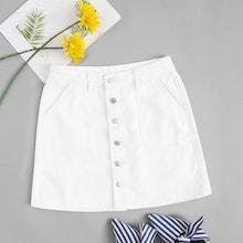 Romwe Slant Pocket Button Up Denim Skirt