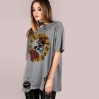Romwe Skull & Floral Distress Boyfriend Tee