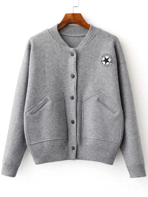 Romwe Grey Varsity Embroidered Patch Knitted Bomber Jacket With Pocket
