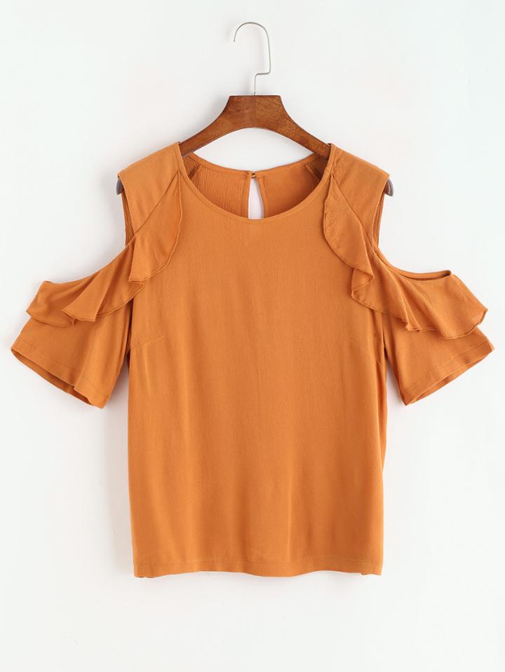 Romwe Open Shoulder Ruffle Sleeve Keyhole Back Blouse