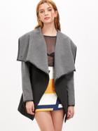 Romwe Black And Grey Drape Collar Faux Leather Binding Coat