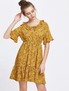 Romwe Yellow Floral Print Bell Sleeve Frill Hem Dress