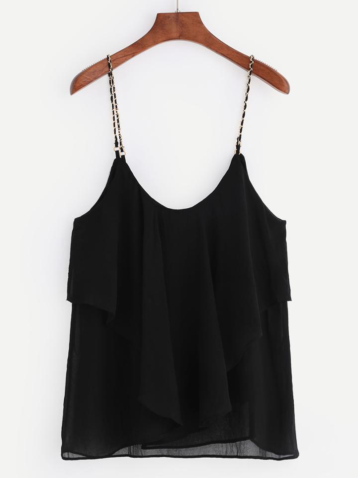 Romwe Black Ruffle Chiffon Cami Top