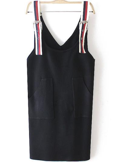 Romwe Striped Strap Pockets Knit Black Dress