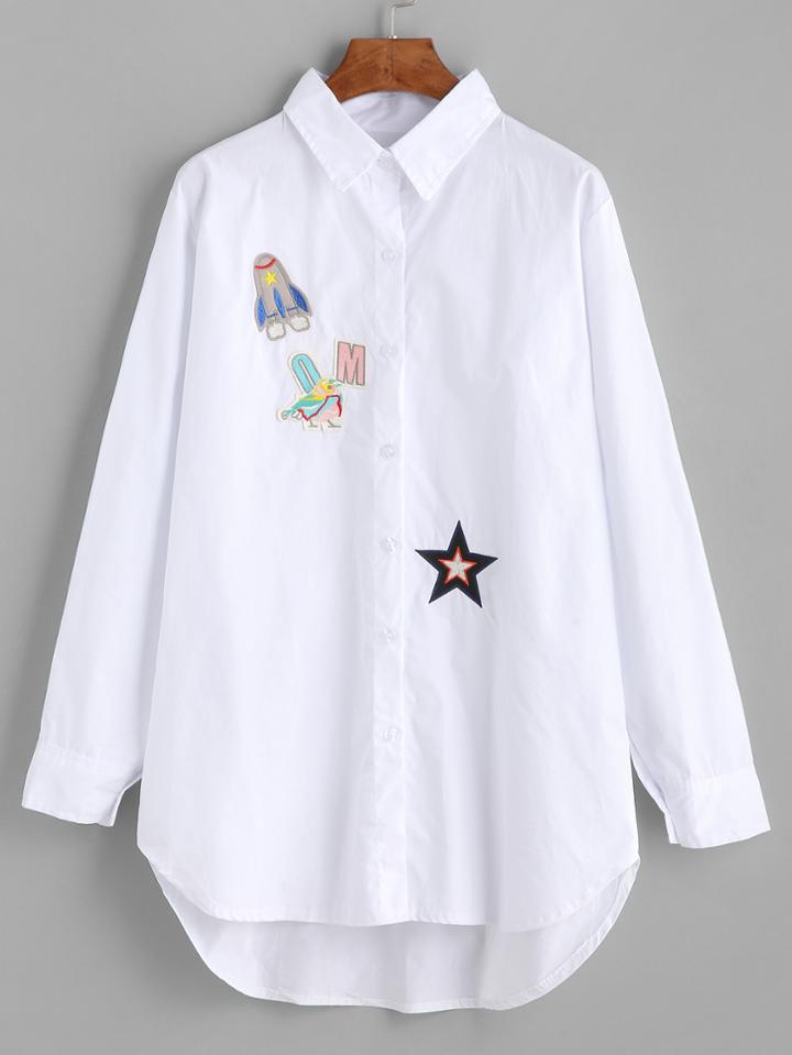 Romwe White Embroidered Patch Dip Hem Blouse