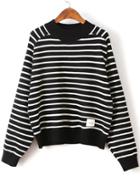 Romwe Black Striped Crew Neck Batwing Sleeve Sweater