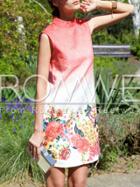 Romwe Color Block Mock Neck Sleeveless Floral Dress