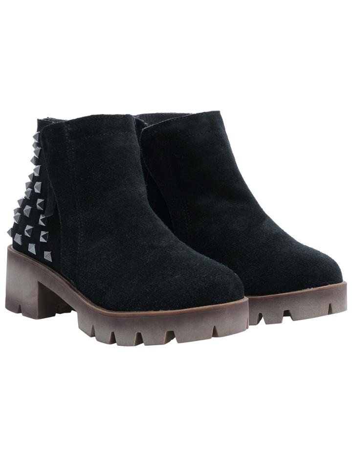Romwe Black Brush Round Toe Studded Zipper Boots