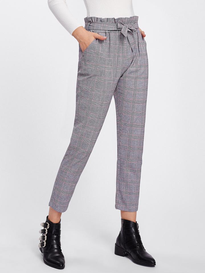 Romwe Tie Waist Glen Plaid Frill Pants