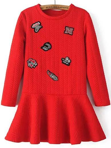 Romwe Long Sleeve Patch Bead Ruffle Hem Dress