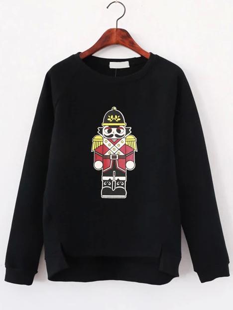 Romwe Dip Hem Split Side Cartoon Print Black Sweatshirt
