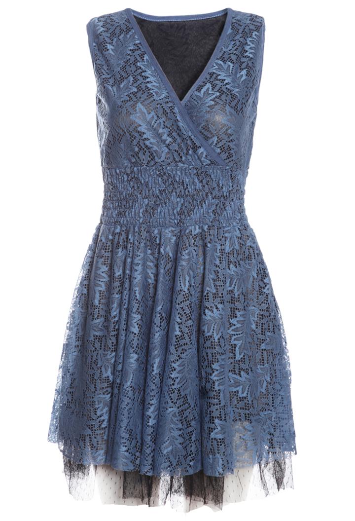 Romwe V Neck Irregular Lace Hem Blue Dress