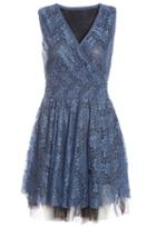 Romwe V Neck Irregular Lace Hem Blue Dress