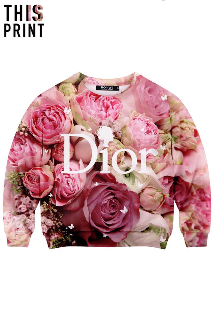 Romwe This Is Print Letters & Roses Print Sweatshirt
