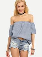 Romwe Off-the-shoulder Vertical Striped Blouse - Blue