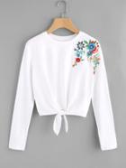 Romwe Knot Front Flower Embroidered Tee