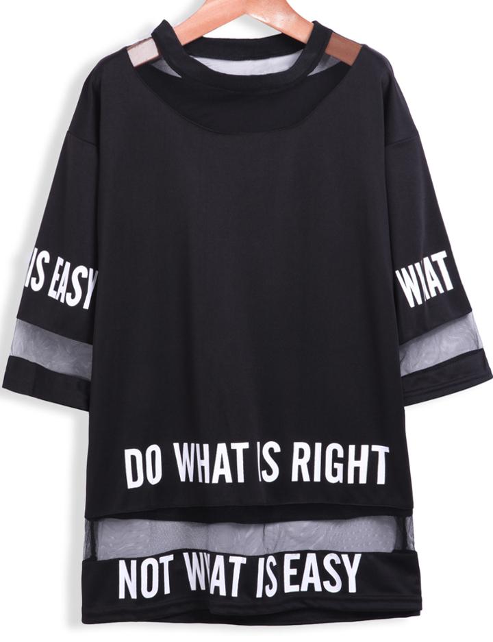 Romwe Letters Print Sheer Mesh Loose T-shirt