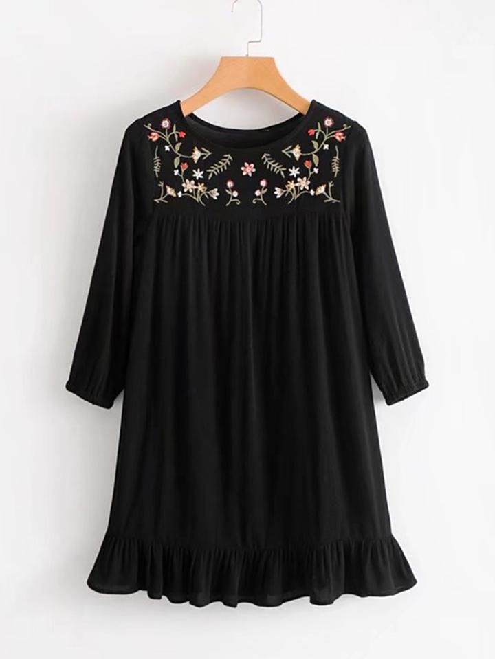 Romwe Flower Embroidery Ruffle Hem Dress