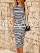Romwe White Black Half Sleeve Striped Dress