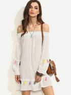 Romwe White Tassel Trim Shirred Off The Shoulder Dress