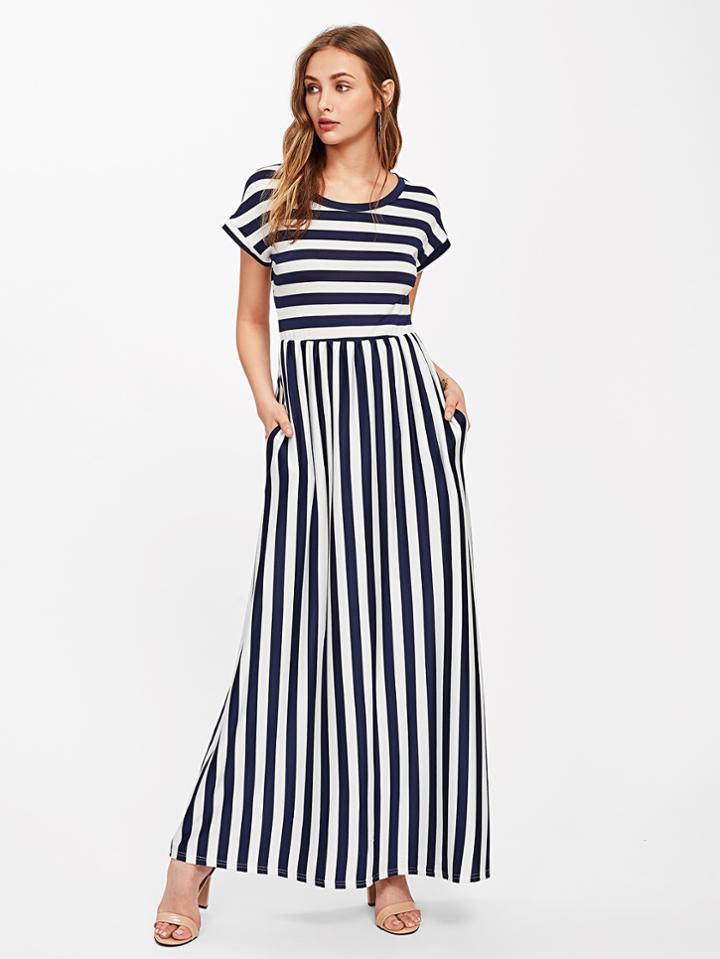Romwe Contrast Striped Full Length Dress