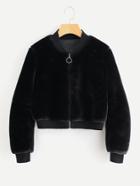 Romwe Ribbed Trim Zip Up Fuzzy Jacket