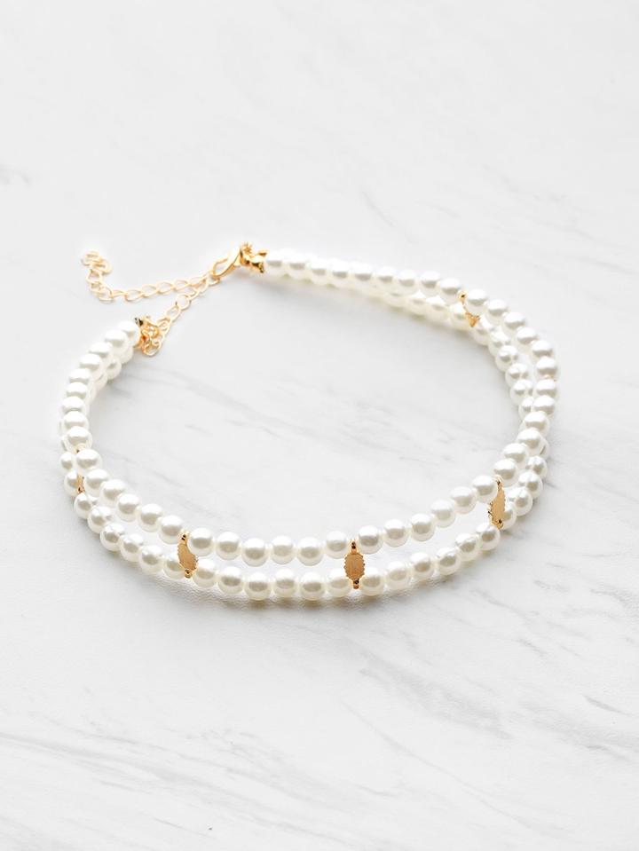 Romwe Metal Detail Faux Pearl Design Double Layer Choker