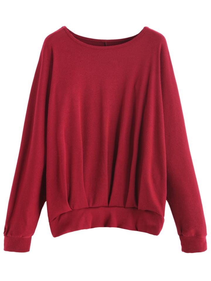 Romwe Burgundy Batwing Sleeve Pleated Sweatshirt