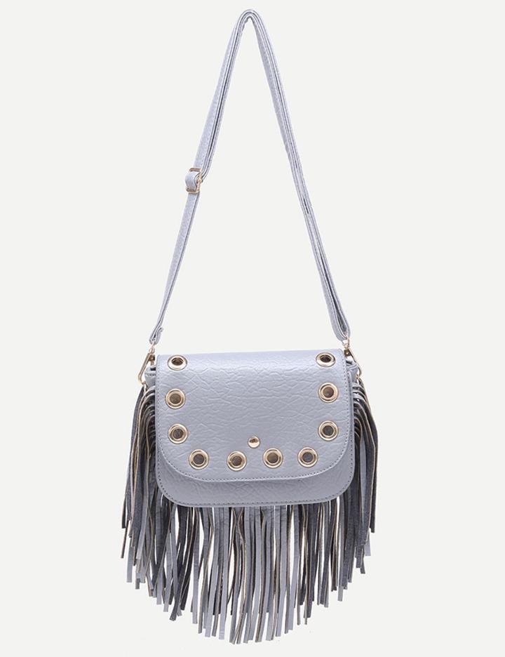 Romwe Grey Metal Eyelet Accent Fringe Shoulder Bag