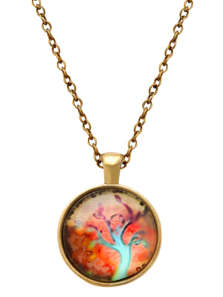 Romwe Bronze Tree Print Glass Pendant Necklace