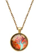 Romwe Bronze Tree Print Glass Pendant Necklace