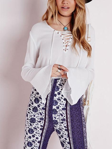 Romwe Bell Sleeve Bandage Crop Blouse