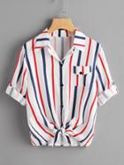 Romwe Rolled Cuff Stripe Knot Shirt With Chest Pocket