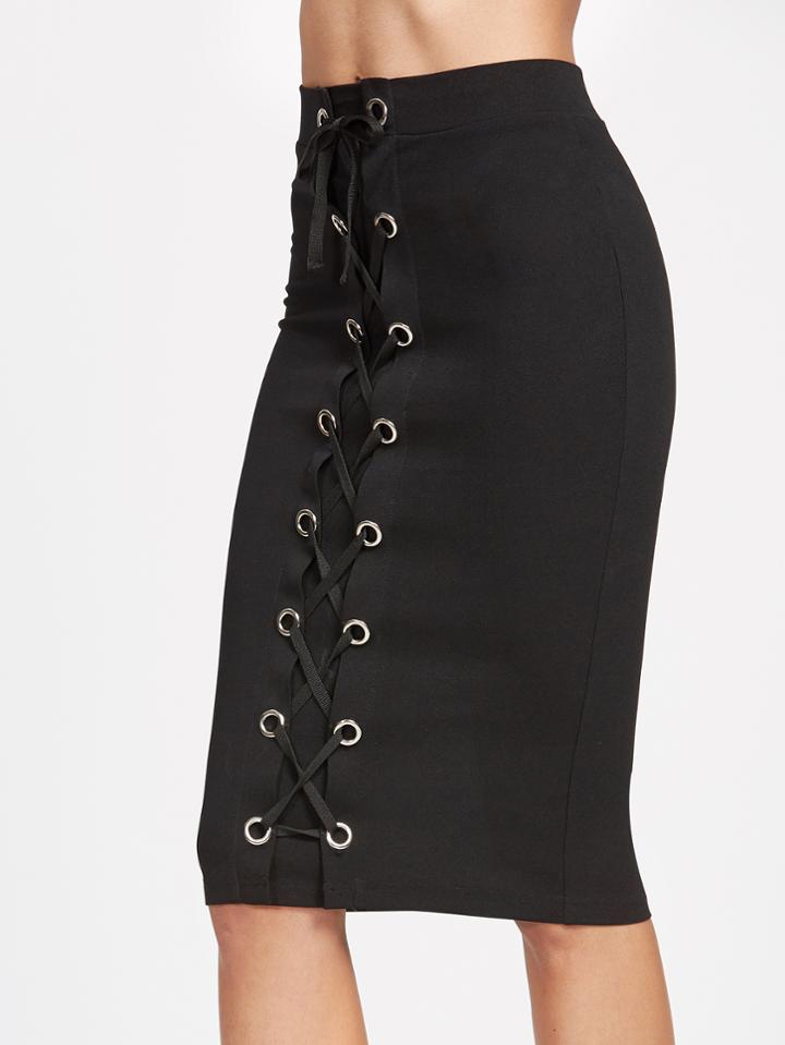 Romwe Eyelet Lace Up Front Pencil Skirt
