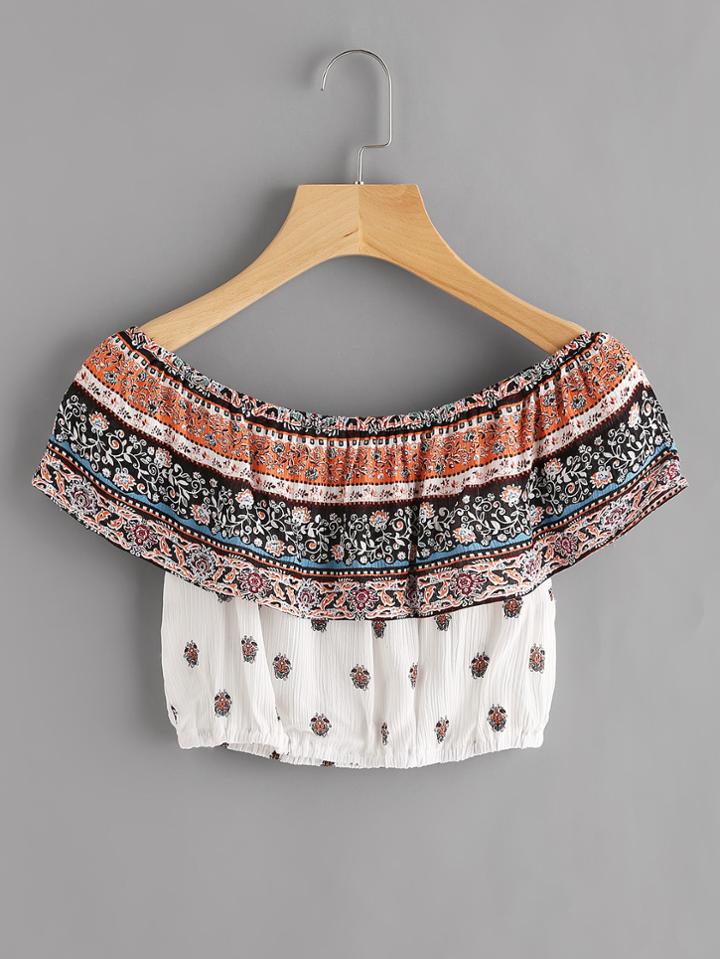 Romwe Flounce Layered Neckline Floral Print Pleated Crop Top