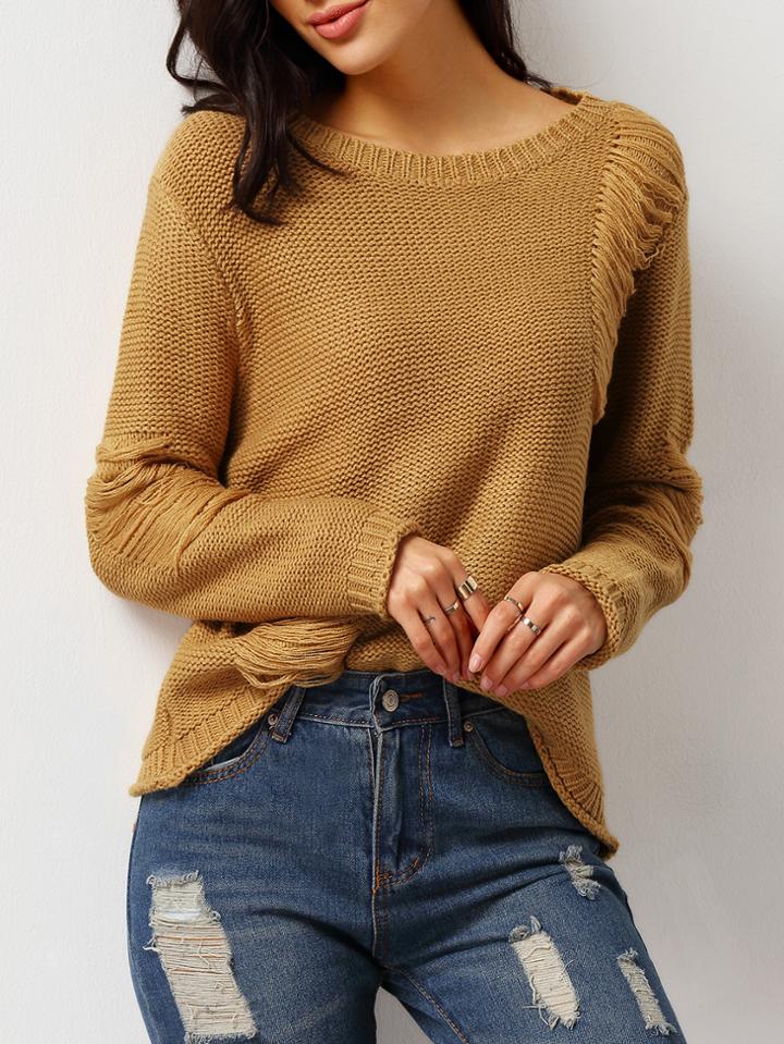 Romwe Crew Neck Ripped Loose Sweater