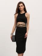 Romwe Black Knee Length Cut-out Front Bodycon Dress