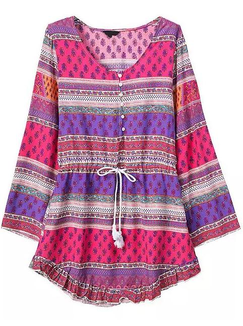 Romwe With Buttons Drawstring Vintage Print Dress