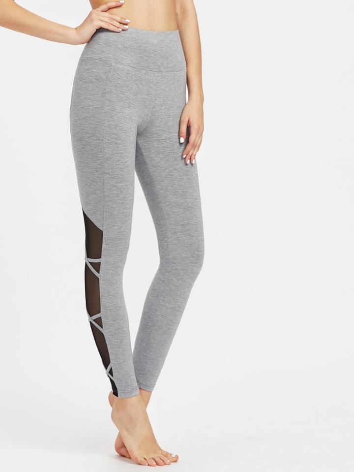 Romwe Crisscross Mesh Panel  Marled Knit Leggings