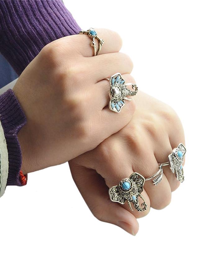 Romwe Punk Rock Blue Stone Rings Set