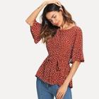 Romwe Tie Waist Ruffle Hem Dot Print Blouse