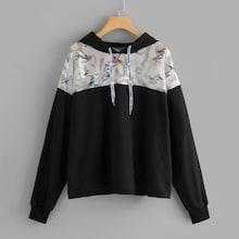 Romwe Plus Contrast Mesh Drawstring Detail Hoodie