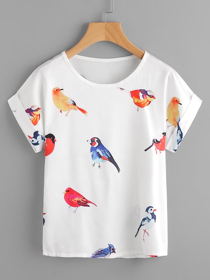 Romwe Random Birds Print Cuffed T-shirt