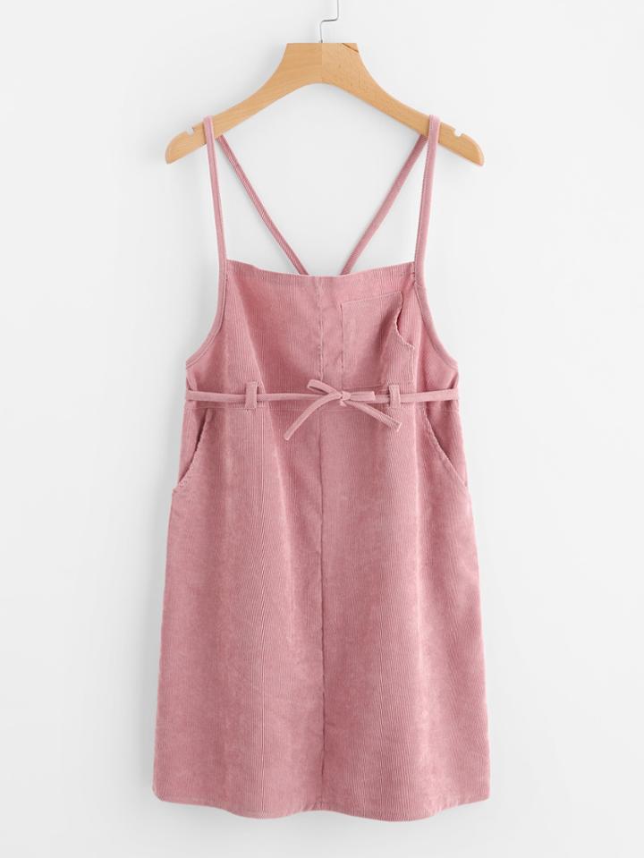 Romwe Self Tie Waist Criss Cross Zip Up Back Pinafore Dress
