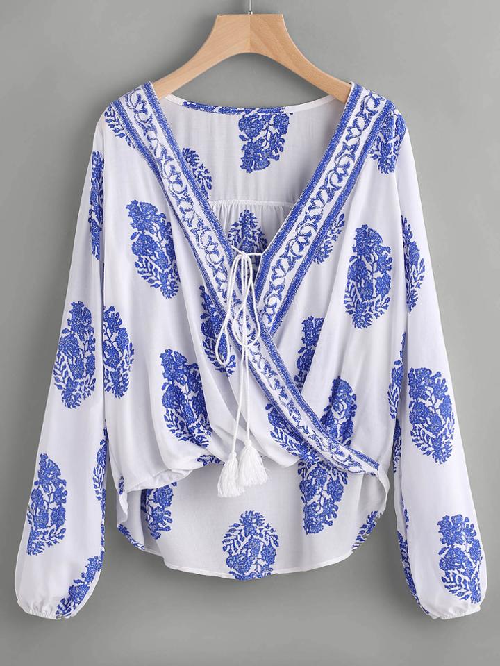 Romwe Printed Lace Up Front Warp Top