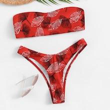 Romwe Random Leaf Print Bandeau With High Leg Bikini