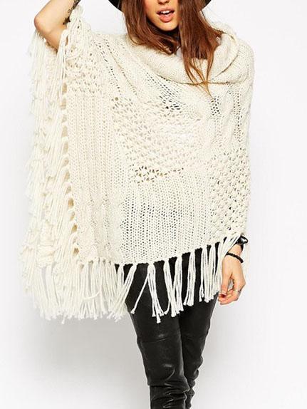 Romwe Draped Neck Tassel Hollow Cape Sweater