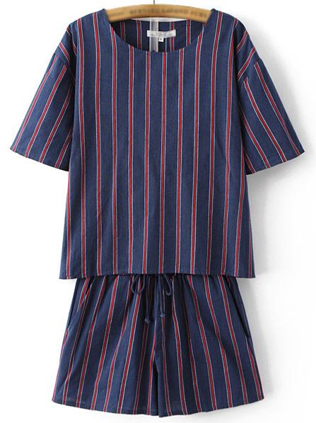 Romwe Navy Short Sleeve Striped Top With Shorts