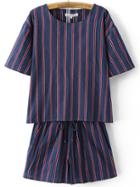 Romwe Navy Short Sleeve Striped Top With Shorts